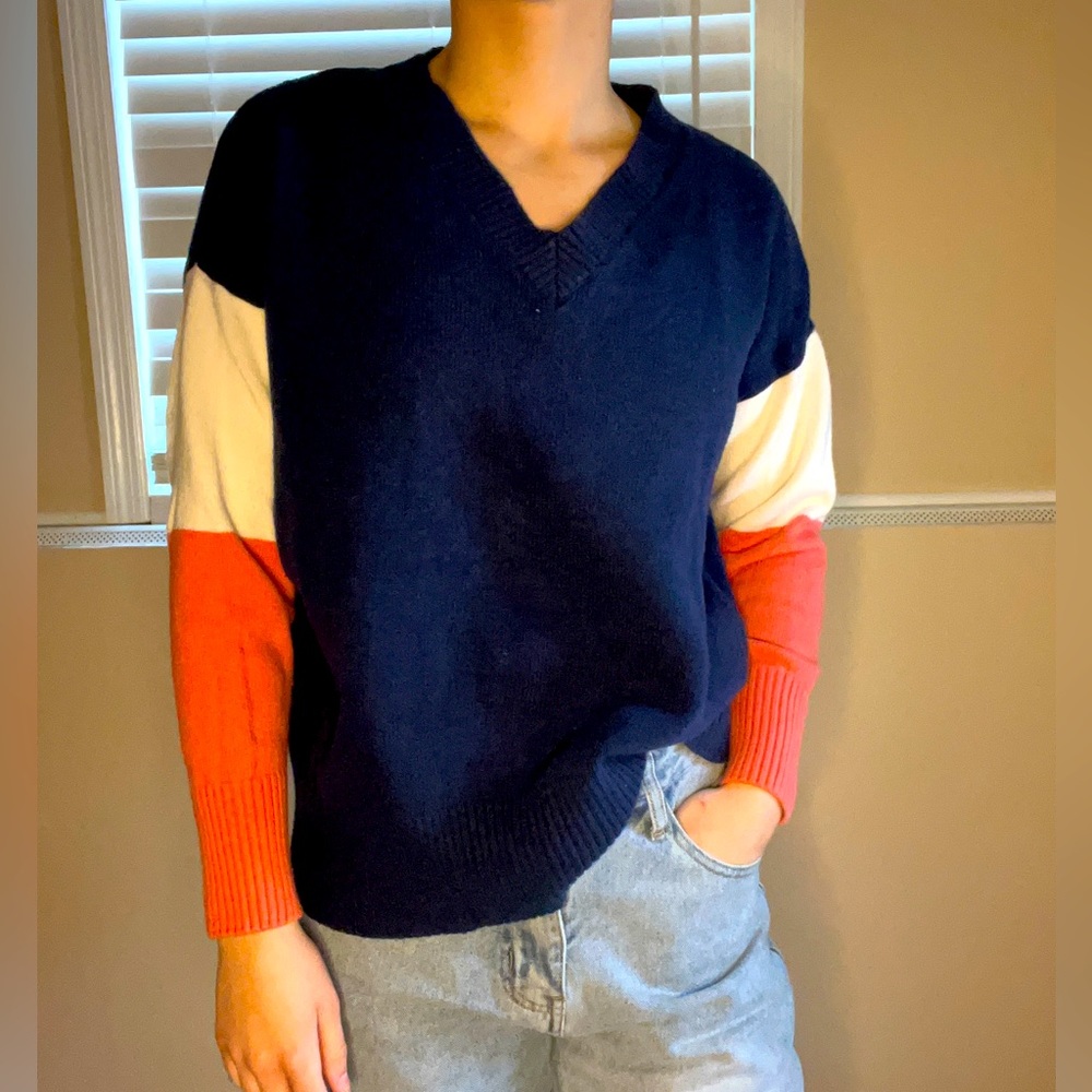 Orange, White, and Blue Falls Creek V-neck Sweater.